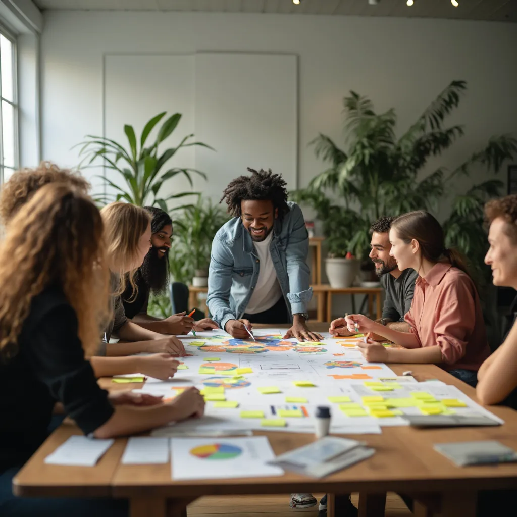 Equipo de consultoría en una sesión de brainstorming con post-its y diagramas