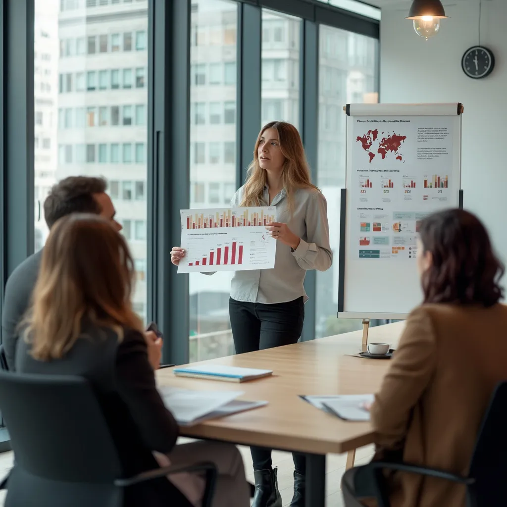 Consultor principal presentando un informe de impacto sostenible a un cliente satisfecho